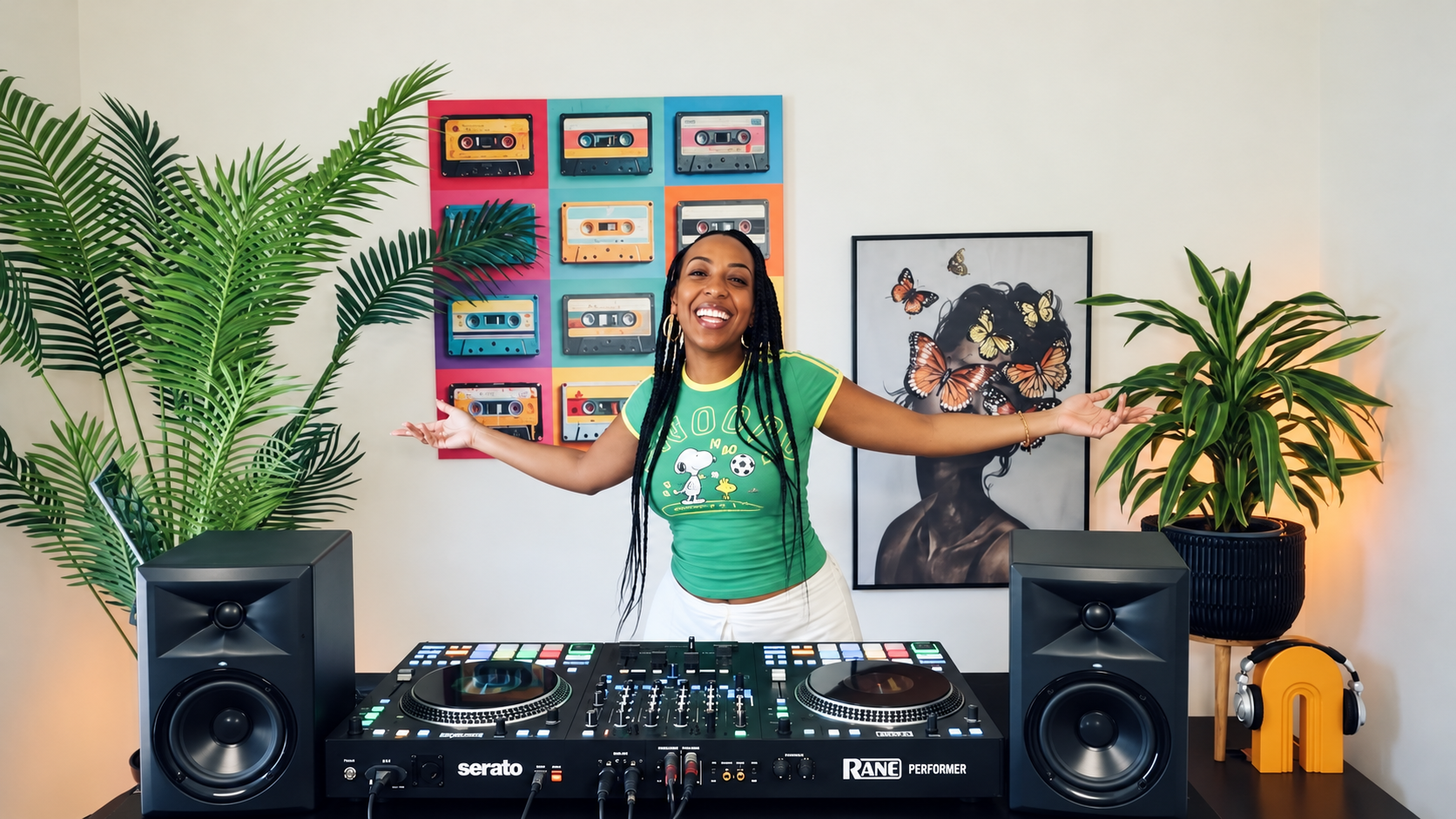 Safi smiling behind her DJ decks, surrounded by plants and colorful cassette artwork
